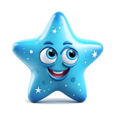 a blue star with big eyes and stars on it's face is smiling for the camera