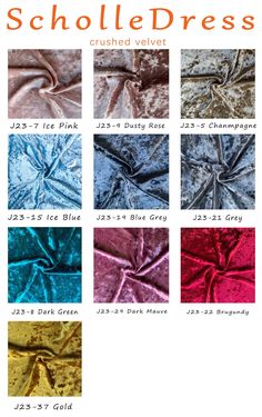 the color chart for an upholstered velvet fabric, with different colors and sizes