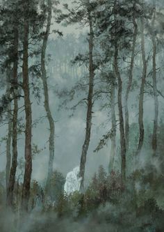 an oil painting of trees and fog in the forest with white horse standing on it's hind legs