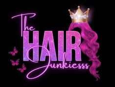 the hair junkies logo with pink hair and butterflies on it's back ground