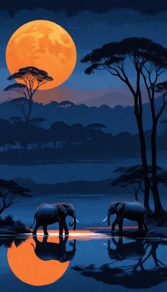 two elephants are standing in the water at night with an orange full moon behind them