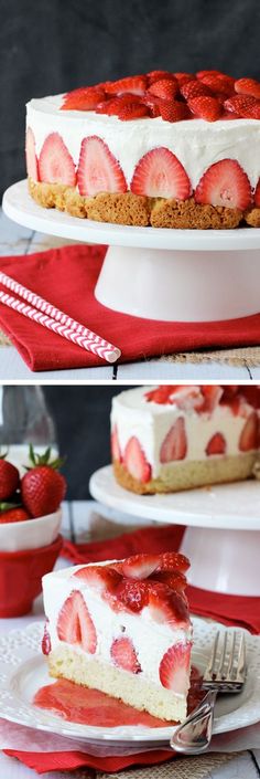 two pictures of a strawberry cheesecake with strawberries on top and the same slice missing