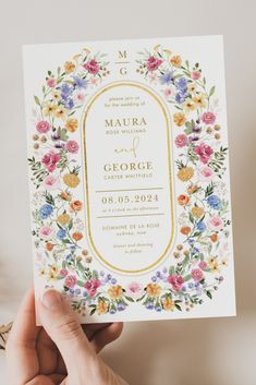 colorful wildflower wedding invitation card held in hand Wildflower Wedding Invitations, Personalised Wedding Invitations, Wedding Mood