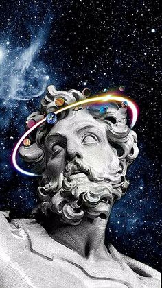 the head and shoulders of a statue in front of a galaxy filled sky with stars