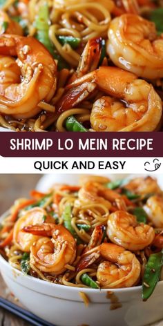 shrimp lo mein recipe in a bowl with chopsticks on the side and an image of