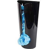 a black vase with blue flowers in it