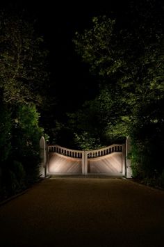 an open driveway gate lit up at night with lights shining on the gates and trees in the background