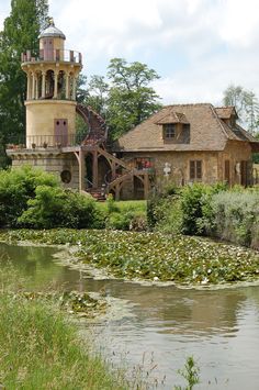 an old house sits next to a small pond with lily pads in the foreground