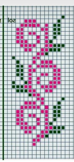 a cross stitch chart with pink and green squares on the bottom, and black dots in the middle