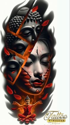 an artistic tattoo design with two faces