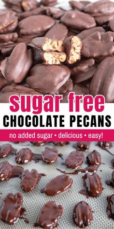 chocolate pecans on a baking sheet with text overlay that reads, sugar free chocolate pecans no added sugar delicious easy