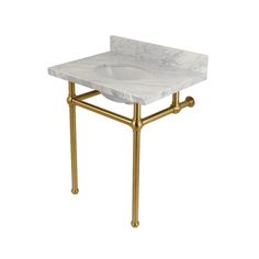 a white marble sink with gold legs