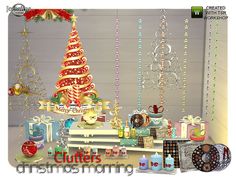 there is a christmas tree and other items on the table in front of this display