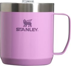 a pink stainless steel mug with the name stanley on it