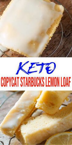 two pictures of lemon loaf cake with icing on top and the words keto copycat starbucks's lemon loaf