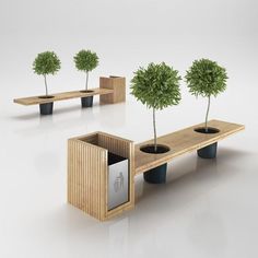 three wooden benches with trees in them