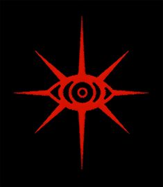 a red and black background with an eye in the center