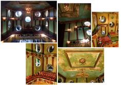 four different views of the inside of a building with round windows and circular mirrors on the ceiling