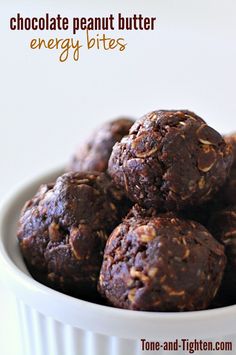 chocolate peanut butter energy bites in a white bowl with text overlay that reads, chocolate peanut butter energy bites