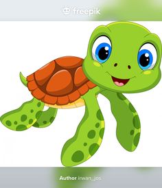 a cartoon turtle with blue eyes and green shell is smiling at the camera while it's floating in the air