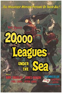 an advertisement for the movie 2000 leagues under the sea, featuring two men diving in water