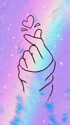 a drawing of a hand holding a heart in front of a purple and blue background