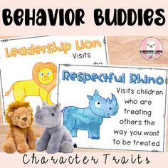 two stuffed animals are sitting next to each other with the words behavior buddies written on them