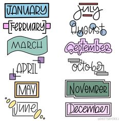 Lettering styles for the months of the year! Planner Lettering Ideas, Hand Lettering Months Of The Year, Months Lettering Fonts, Planner Writing Styles, Months In Different Fonts, Calendar Font Ideas, Month Calligraphy Hand Lettering, Months Written In Different Fonts, Month Writing Fonts