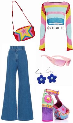 Pop Outfits 90s, 70s Outfits Colorful, Outfit Ideas Crazy, Colorful Y2k Outfits Aesthetic, Zoeycore Outfits, Y2k Outfits Bright Colors, Retro Kpop Outfits, Pink Yellow Blue Outfit, Retro Pop Outfit