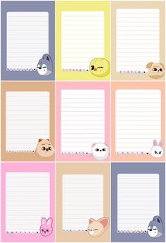 four different lined paper with cartoon animals on them