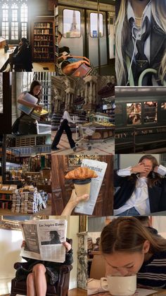 a collage of photos with people reading books and drinking coffee in front of them