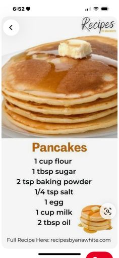 pancakes with butter and syrup on top are shown in this screenshot from the recipe app