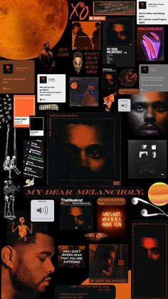 a collage of various images and text on a black background with an orange hue