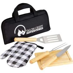 a black and white checkered oven mitt with utensils