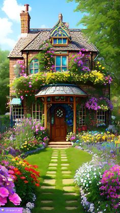 a painting of a house with lots of flowers on the front and side of it