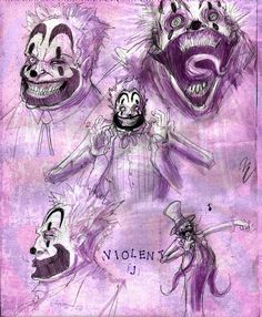 an image of clowns in various poses on a purple background with words written below them