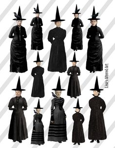 many different types of witches are shown in black and grey colors, including one woman wearing a