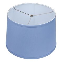 a light blue lamp shade on a white background with a silver ring at the bottom