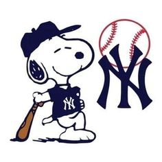 a cartoon character holding a baseball bat next to a new york yankees logo on a white background