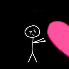 a drawing of a stick figure holding a pink heart in the dark with one hand