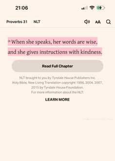 an iphone screen with the text'when she speaks, her words are wise, and she gives instructions with kindness '