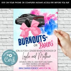 a pink and blue birthday party with a black car on it's back, in front of a brick wall