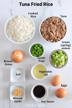 ingredients to make tuna fried rice in bowls on a white countertop with text overlay