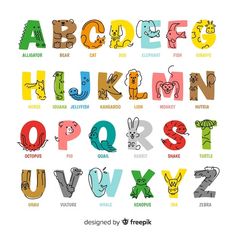 an alphabet with animals and letters in different colors, including the letter's lowercases