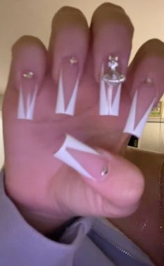 Static Nails, French Tip Press On Nails, Press On Nails Long, Nails For Women, Nails Long, Stick On Nails, White Rhinestone, Artificial Nails, Nails Nail