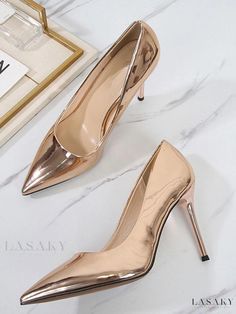 Lasaky - Elegant PU Leather Womens Plus Size Pumps with Pointed Toe and Stiletto Heels in Silver Gold High Heel Office Shoes, Gold High Heels For Office, Gold Strappy Heels, Glitter High Heels, White Sandals Heels, Strappy Stilettos, Pumps Heels Stilettos, White Heels, Prom Shoes