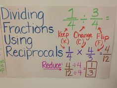 a white board with writing on it that says dividing fractions using recprocals