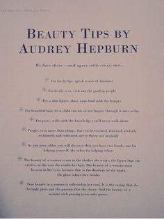 an open book with writing on it that says beauty tips by audrey heburnn