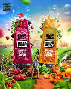 an advertisement for the seasonal edition of original source, featuring two bottles of fruit and vegetable juice