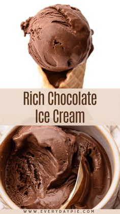 rich chocolate ice cream in a white bowl with a spoon and text overlay that reads rich chocolate ice cream